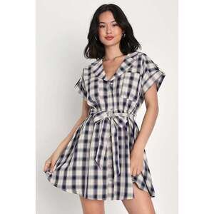 Lulus Adorable Sensation Ivory And Blue Plaid Button-up Mini Dress - Size L